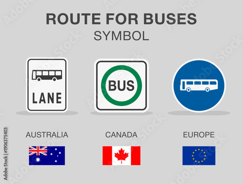Traffic regulation rules and tips. Road sign types. "route for buses" traffic sign in different countries. Flat vector illustration template.