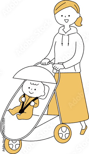 ベビーカーを押すお母さん単色