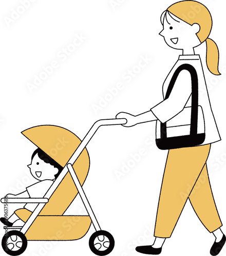 ベビーカーを押すお母さん横向き単色