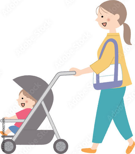 ベビーカーを押すお母さん横向き