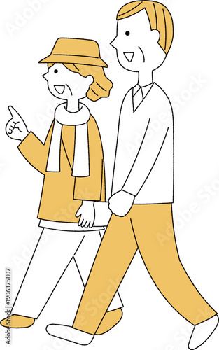 笑顔で歩く老夫婦単色