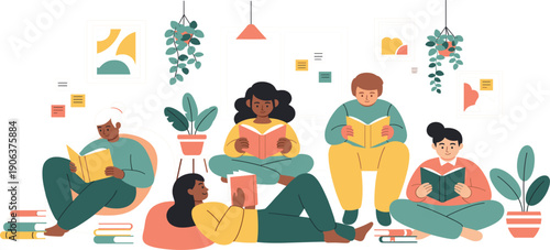 Diverse People Reading Books Together Illustration Showing Learning Community, Education, Literacy, Knowledge Sharing, and Inclusive Reading Culture at Home