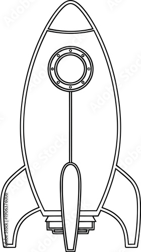 A detailed line drawing of a classic rocket ship with a round window and two fins