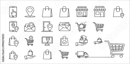 Ecommerce Line Icon Set Featuring Online Shopping, Store Locations, Delivery, Cart, Payment, and Retail Business Symbols for Web and App Interfaces