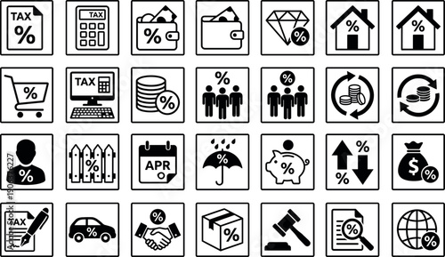 Banking and Tax Icon Set Featuring Black and White Square Graphic Illustrations of Money Wallet Calculator Percentage Signs and Financial Documents for Business Accounting Elements