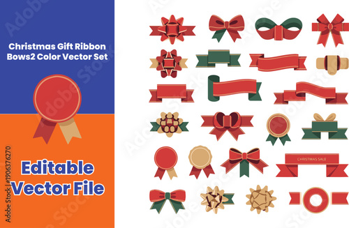 Christmas Gift Ribbon Bows & Holiday Decorative Elements – 2 Color Vector Set