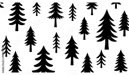 Stylized spruce and pine tree forest silhouette flat black vector landscape design