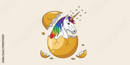 Cute Unicorn Hatching from Golden Egg Illustration with Rainbow Mane and Magical Fantasy Elements for Children, Fairytale, and Creative Design Concepts