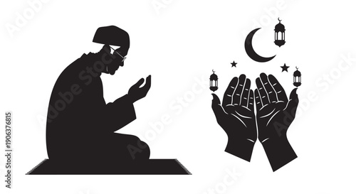 Muslim praying with hands holding mosque and lanterns under crescent moon
