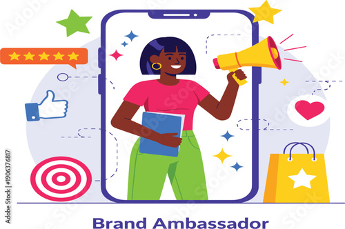 Brand Ambassador Illustration with Influencer Promotion Megaphone Social Media Likes Ratings and Target Marketing Elements for Digital Advertising and Online Branding Design