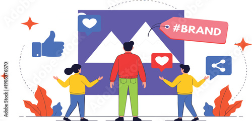 Brand Promotion Illustration with Social Media Engagement Likes Sharing Hashtag Branding and Visual Content Strategy Concept for Digital Marketing and Online Campaign Design