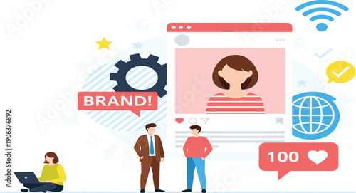 Brand Building and Social Media Marketing Illustration with User Profile Engagement Likes Analytics and Online Presence Strategy for Digital Business Design