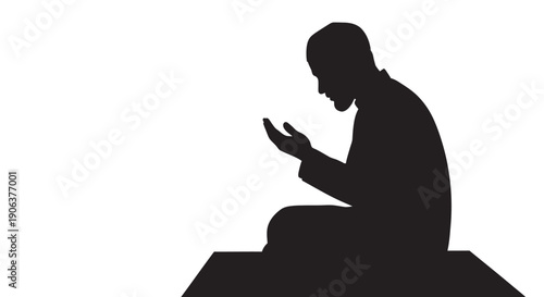 Man praying in silhouette on white background with copy space
