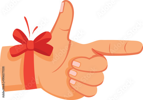 A cartoon hand points forward adorned with a festive red gift bow