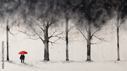 Couple on date in winter park. Landscape with nature and plants, bushes branches with bullfinch.