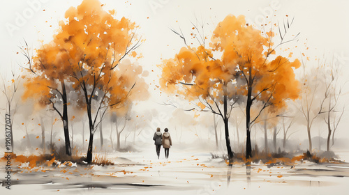Couple on date in winter park. Landscape with nature and plants, bushes branches with bullfinch.