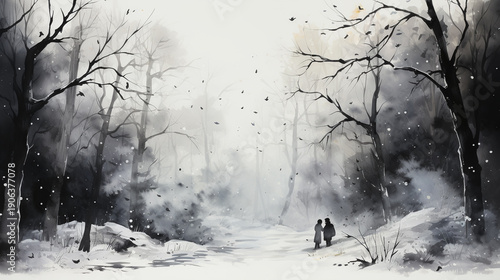 Couple on date in winter park. Landscape with nature and plants, bushes branches with bullfinch.