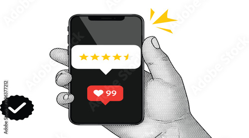 Customer Review and Rating Illustration with Smartphone Five Star Feedback Likes Notification and User Satisfaction Concept for Mobile App and UX Design