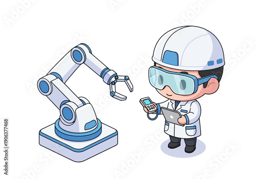 Engineer in lab coat operating robotic arm with futuristic controls in a high-tech laboratory setting