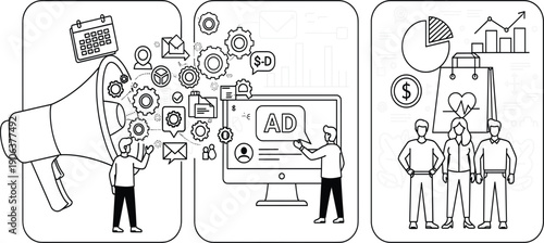 Digital Marketing and Advertising Process Illustration with Promotion Strategy Analytics Teamwork and Business Growth Concepts in Minimal Line Vector Style