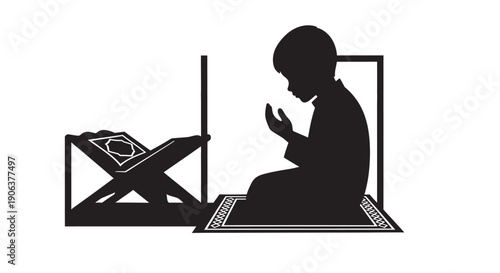 Muslim person praying with Quran on a prayer mat in a minimalist silhouette style