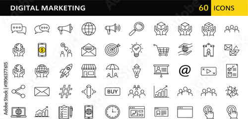 Digital Marketing Line Icon Set with Communication Analytics Ecommerce Strategy Promotion and Business Growth Symbols for Web UI UX and Online Platform Design