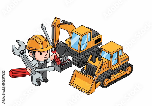 Construction worker with machinery and tools in an industrial setting