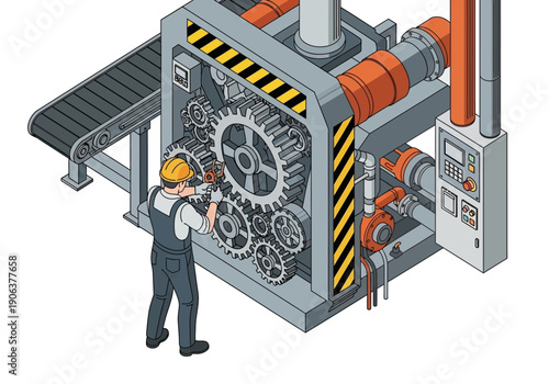 Industrial worker inspecting machinery in a factory setting with complex equipment and mechanical parts