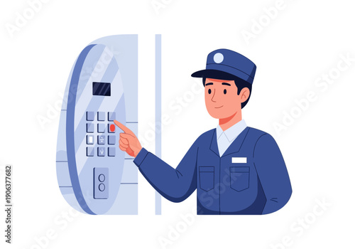 Security guard entering access code on electronic keypad with focus on security system
