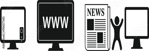 Digital News and Online Media Concept with Website Display, Computer Screens, Newspaper Icon, and User Interaction Silhouette Vector Illustration