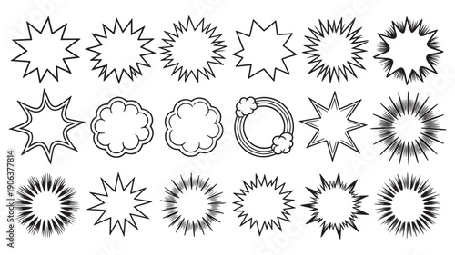 Starburst and explosion badge shapes for promotional sale announcements, attention-grabbing marketing campaigns, and special offer advertisement designs