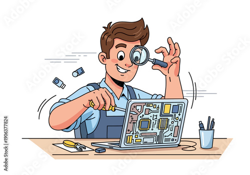 Man repairing laptop with screwdriver and magnifying glass on desk with tools