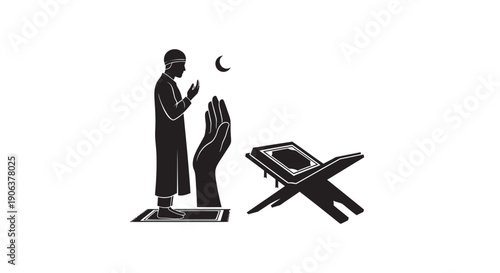 Man praying on prayer mat during Ramadan with crescent moon