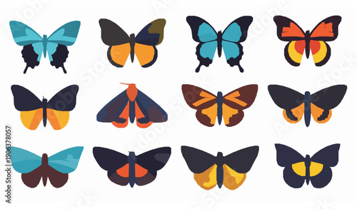 Quadro em tela Modern flat butterfly and moth icon vector bundle