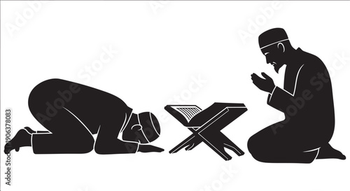 Muslim men praying together in Islamic prayer with Quran on a rehal