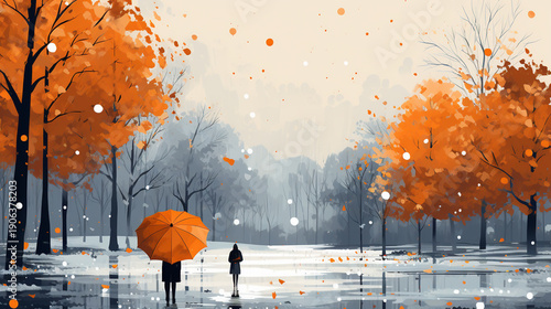 Woman with umbrella, girl in raincoat in a park