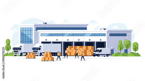Logistics hub facility shows multiple loading docks with semi trucks vans and workers moving cardboard boxes in a busy warehouse scene.