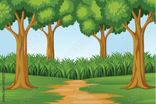 A vibrant illustration depicts a forest path winding through lush green foliage