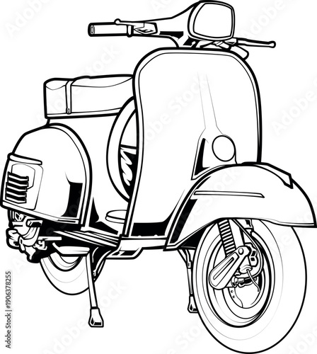 Front view of a classic retro scooter. Black and white outline vector illustration of an urban moped motorcycle with vintage style. Isolated transport sketch.