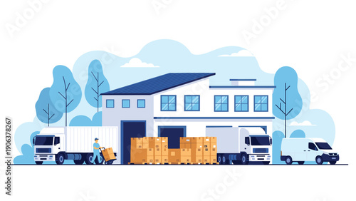 Shipping and distribution warehouse building features loading bays and delivery vehicles with workers managing the flow of goods.