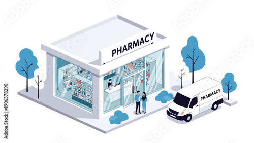 Isometric view of a modern pharmacy store features large glass windows interior shelving units and a branded medical delivery van.