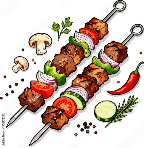 Grilled Kebab Skewers with Vegetables and Spices, Colorful BBQ Food Illustration
