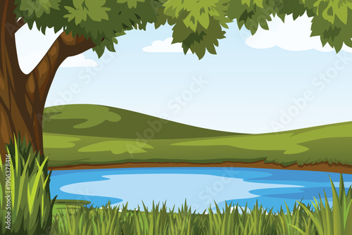 A serene landscape showcases a tranquil pond framed by lush green foliage