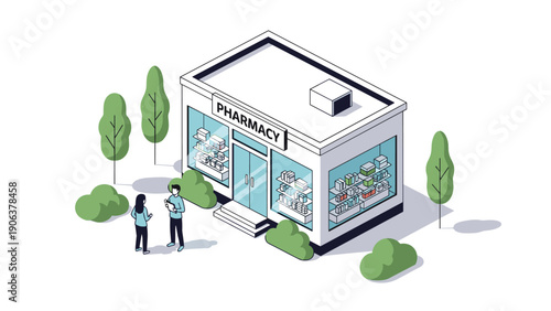 Modern pharmacy building with large windows showing shelves of medicine and professional staff interacting with a customer outside.