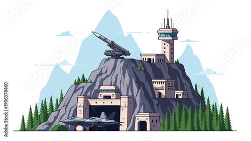 Secret military base is built into a rocky mountain side and features a large missile launcher fighter jets and a control tower.