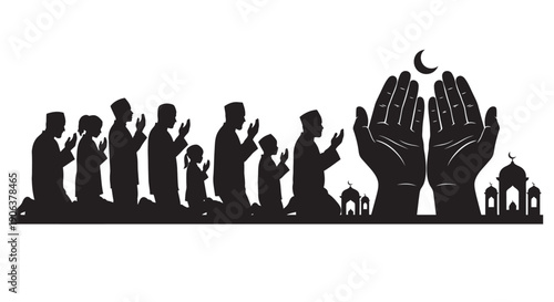 Silhouette of Muslims praying together with hands raised in worship under crescent moon