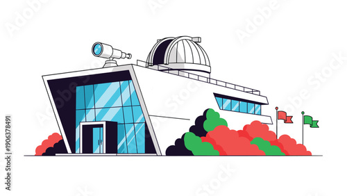 Contemporary astronomical observatory with a large rooftop telescope and dome designed for stargazing and scientific space research.