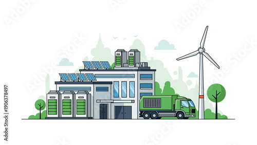 Eco-friendly industrial facility featuring rooftop solar panels and a wind turbine for renewable energy production with a delivery truck.