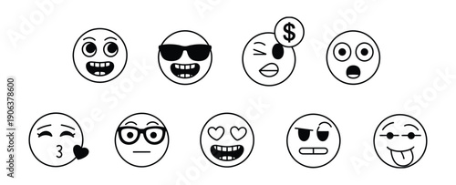 Doodle positive emoji set, hand drawn vector sketches of happy, cheerful, and fun expressions, ideal for chat apps, web design