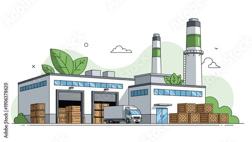 Sustainable warehouse facility with green leaves growing on the roof featuring loading docks and delivery trucks for green logistics.